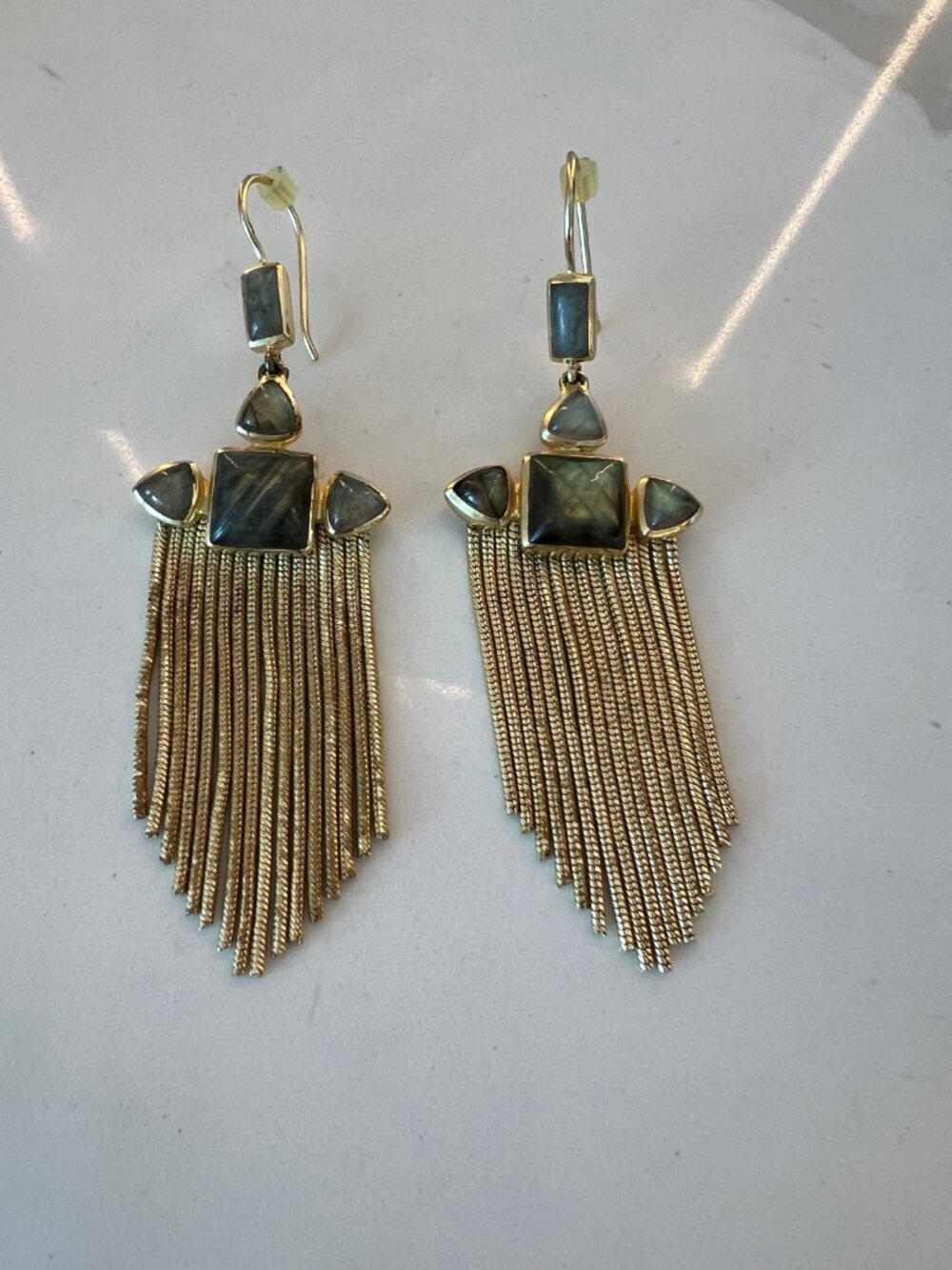 Gold Labradorite Tassel Chandelier Earrings 3.5in